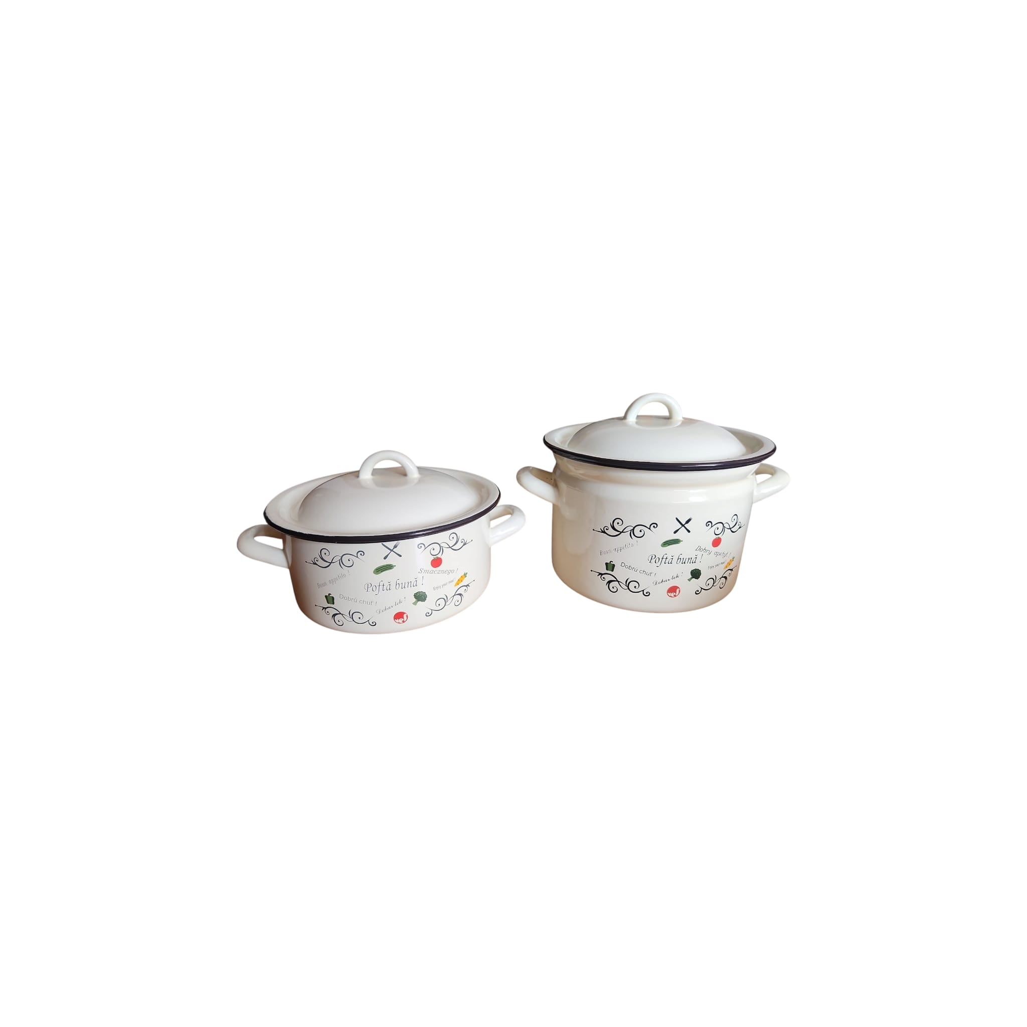 Set 2 vase emailate, decor Pofta buna, cu capace, cratiță 3 litri si oală 5 litri, diametru 20 cm Set 2 vase emailate, decor Pofta buna, cu capace, cratiță 3 litri si oală 5 litri, diametru 20 cm